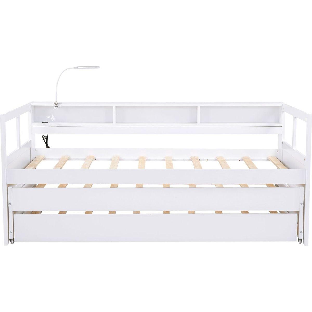 Twin XL Wood Daybed with 2 Trundles, 3 Storage Cubbies, 1 Light for Free and USB Charging Design, White