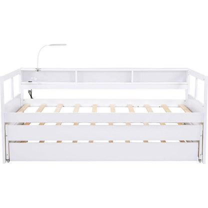 Twin XL Wood Daybed with 2 Trundles, 3 Storage Cubbies, 1 Light for Free and USB Charging Design, White