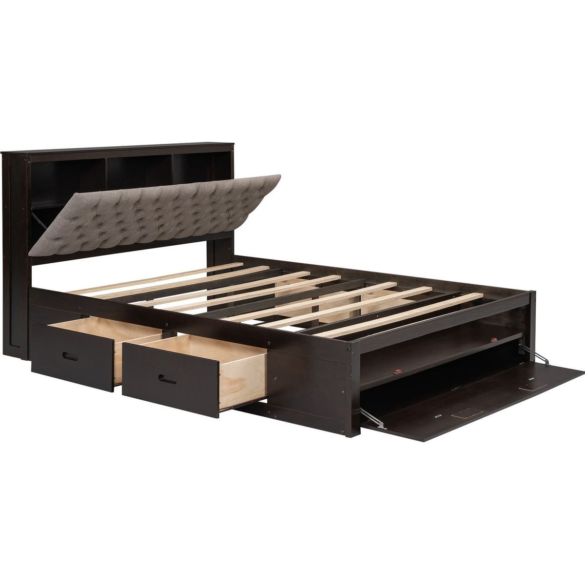 Wood Queen Size Platform Bed with Storage Headboard, shoe rack and 4 drawers,Espresso