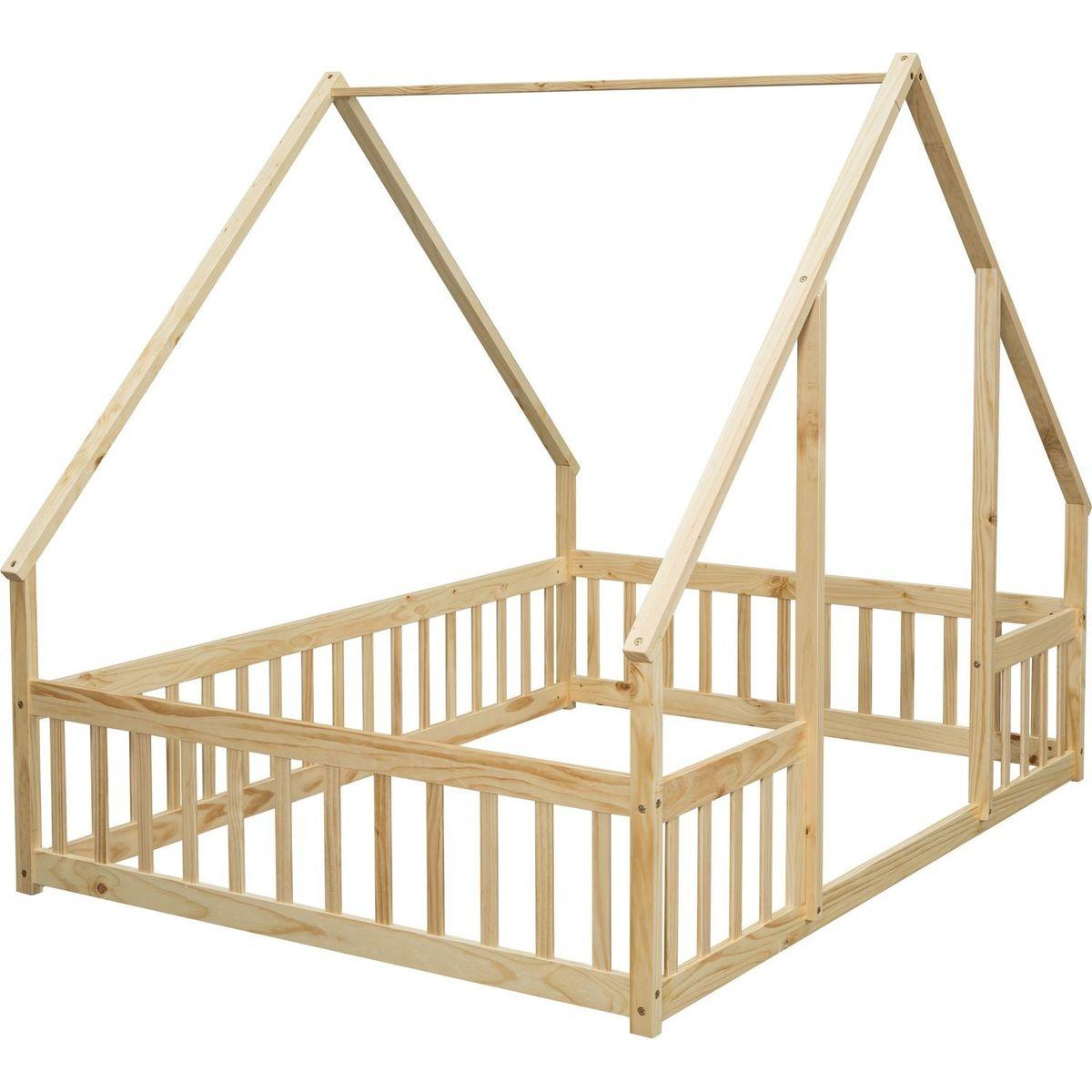 Full Wood House-Shaped Floor Bed with Fence, Guardrails,Natural