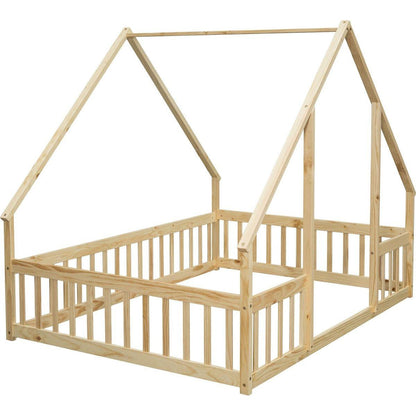 Full Wood House-Shaped Floor Bed with Fence, Guardrails,Natural