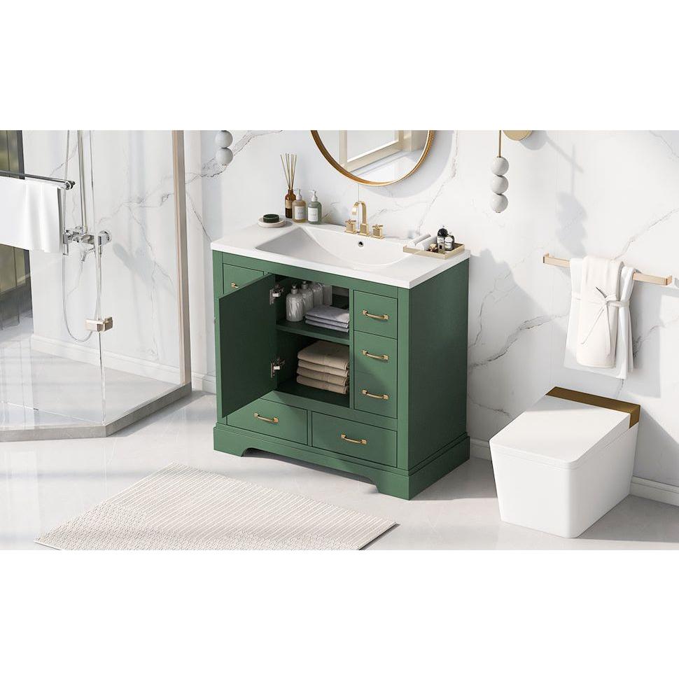 36" Bathroom Vanity with Sink Combo, Six Drawers, Multi-Functional Drawer Divider, Adjustable Shelf, Green