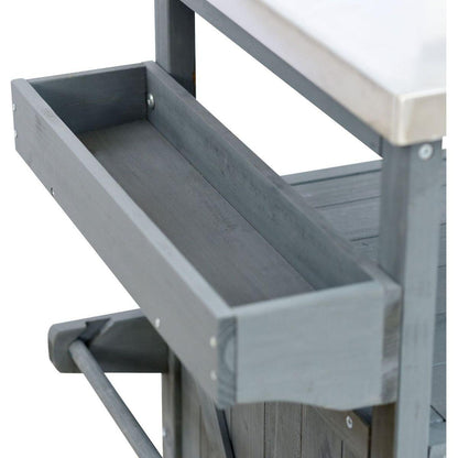 Outdoor Kitchen Island, Rolling Bar Cart & Storage Cabinet, Farmhouse Solid Wood Outdoor Grill Table with Stainless Steel Top, Spice Rack, Towel Rack for Kitchen & BBQ, Grey Blue