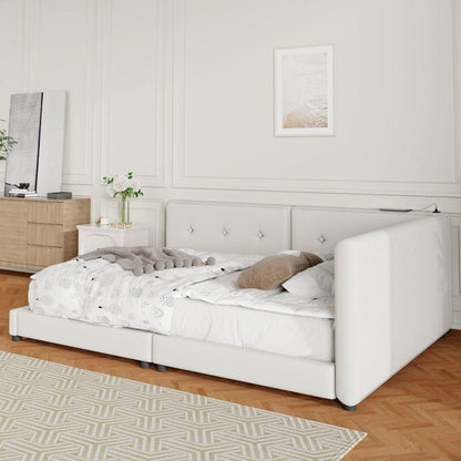 Upholstered Queen Size platform bed with USB Ports, Beige