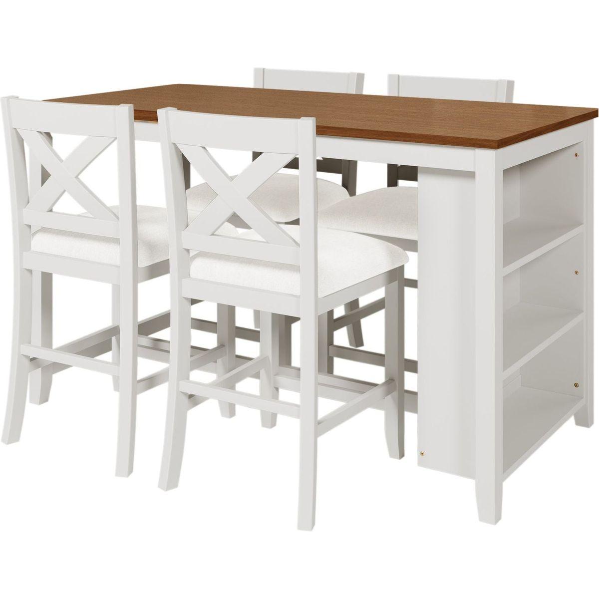 5 Pieces Counter Height Rustic Farmhouse Dining Room Wooden Bar Table Set with 4 Chairs, White