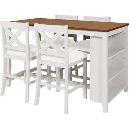 5 Pieces Counter Height Rustic Farmhouse Dining Room Wooden Bar Table Set with 4 Chairs, White
