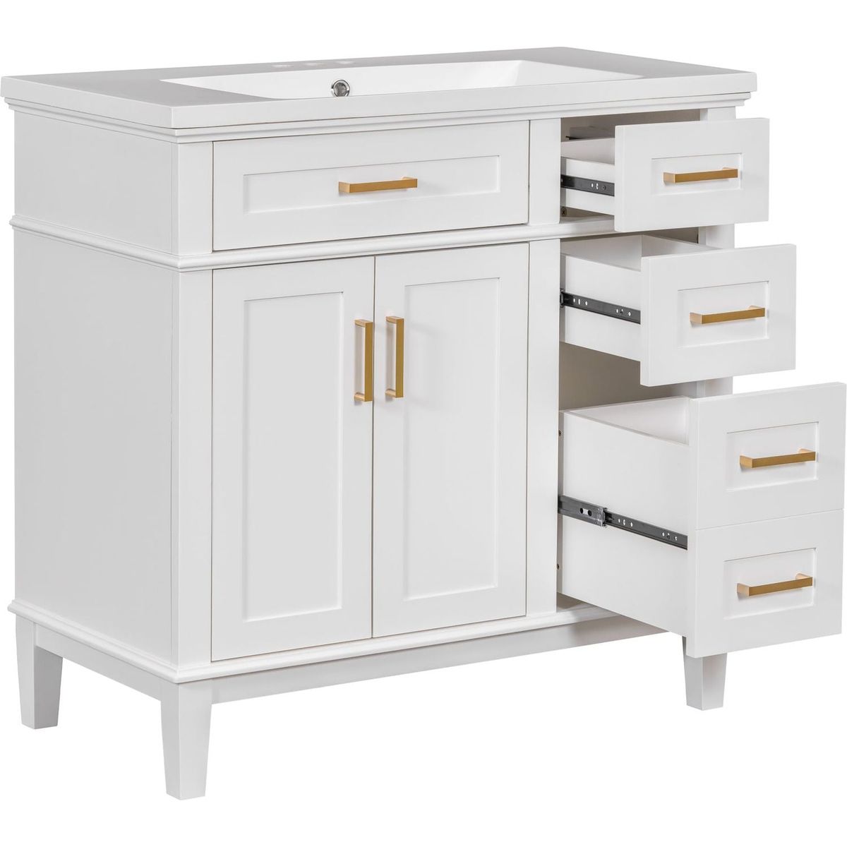 36-inch Bathroom Vanity with Resin Sink, Modern Bathroom Cabinet in White,Featuring Two Soft Close Doors and Four Drawers