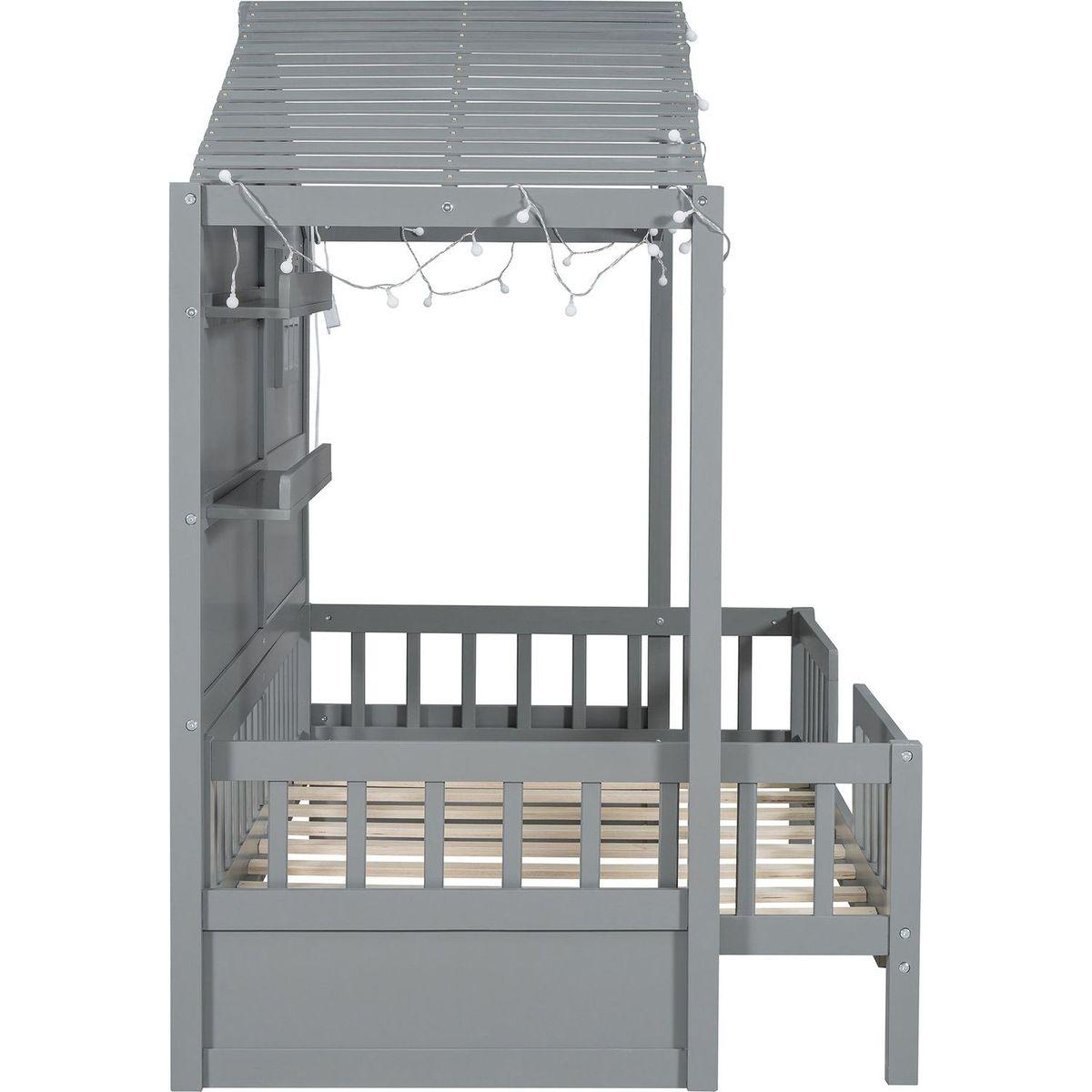 Twin Size House Bed with Shelves, House Bed with Window and Sparkling Light Strip on the Roof, Gray