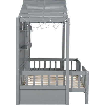 Twin Size House Bed with Shelves, House Bed with Window and Sparkling Light Strip on the Roof, Gray