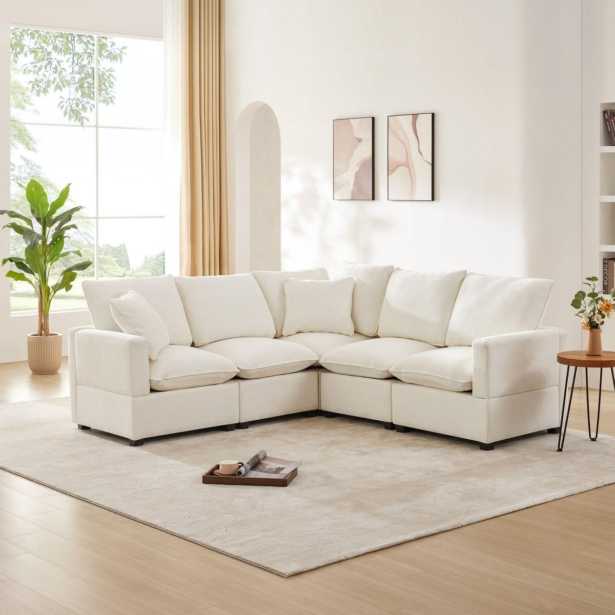 84x84" Modern L Shape Modular Sofa, 5 Seat Chenille Sectional Couch Set with 2 Pillows Included, Freely Combinable Indoor Funiture for Living Room, Apartment, Office, 2 Colors