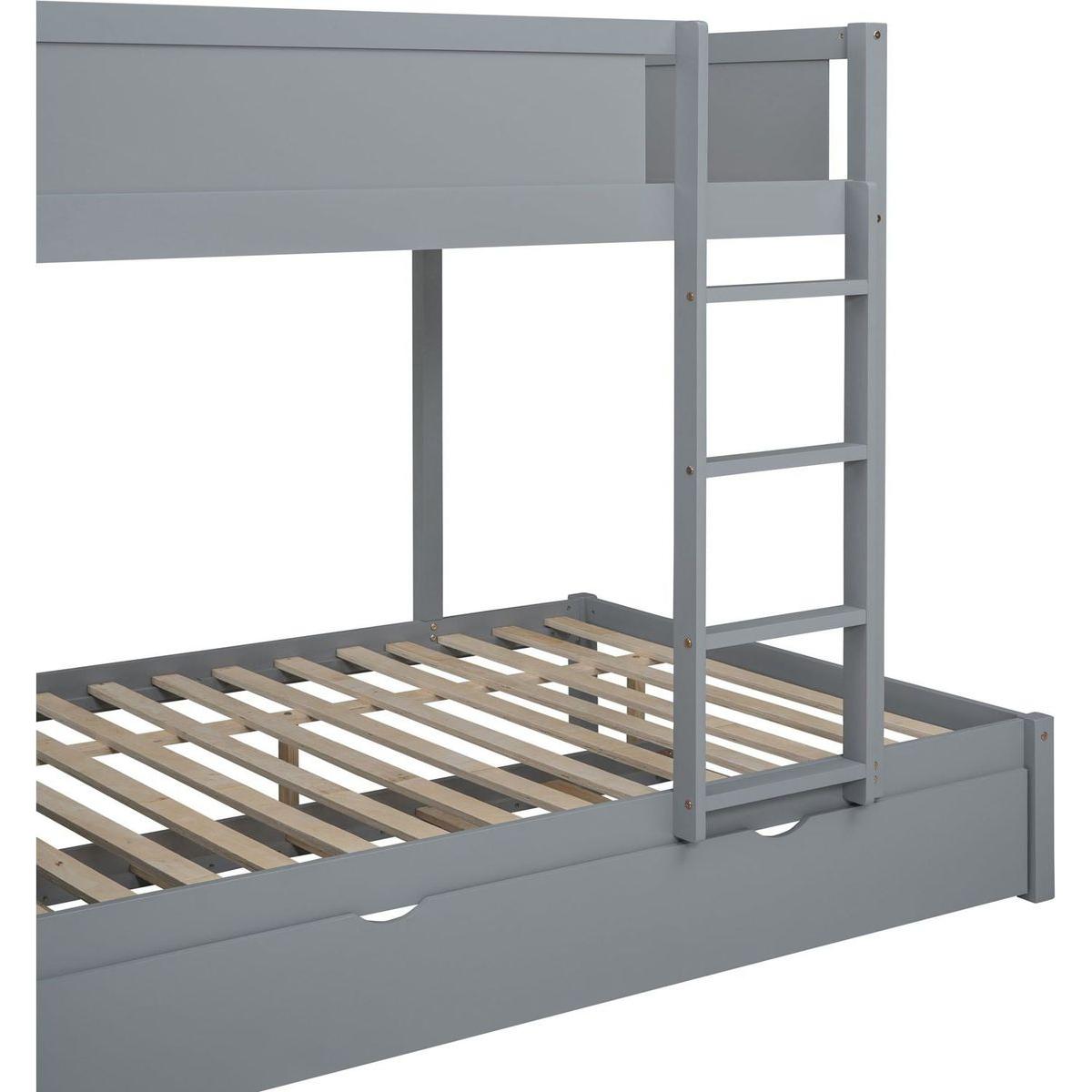 Full-Over-Full Bunk Bed with Twin size Trundle, Storage and Desk, Gray