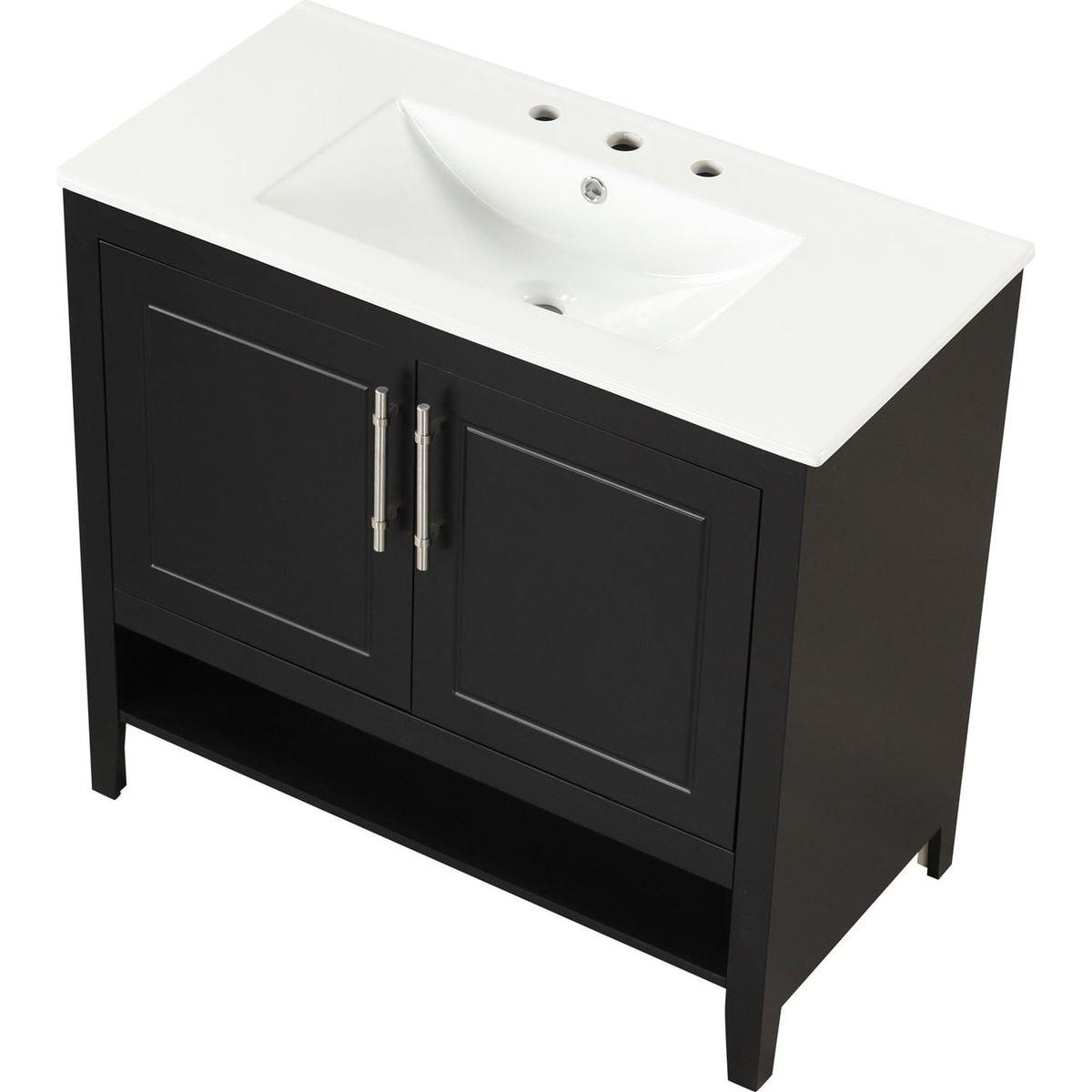 36" Bathroom Vanity with Sink, Multi-functional Bathroom Cabinet with Doors and Drawers, MDF Frame and MDF Board, Black