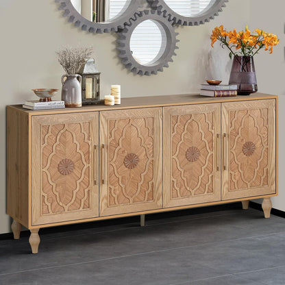 Carved Flower Door Large Storage Cabinet With Metal Handle Suitable For Living Room, Kitchen, Entryway(NATURAL WOOD) - Streamdale Furniture