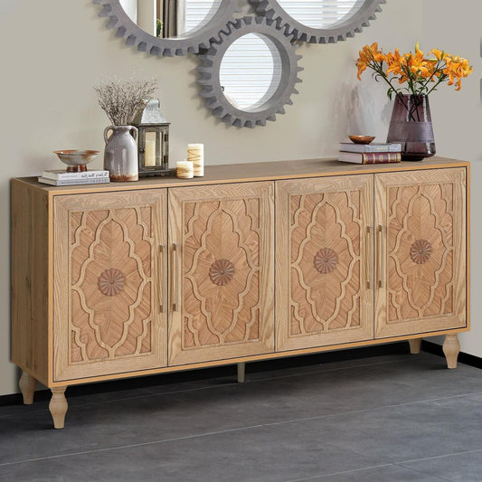 Carved Flower Door Large Storage Cabinet With Metal Handle Suitable For Living Room, Kitchen, Entryway(NATURAL WOOD) - Streamdale Furniture