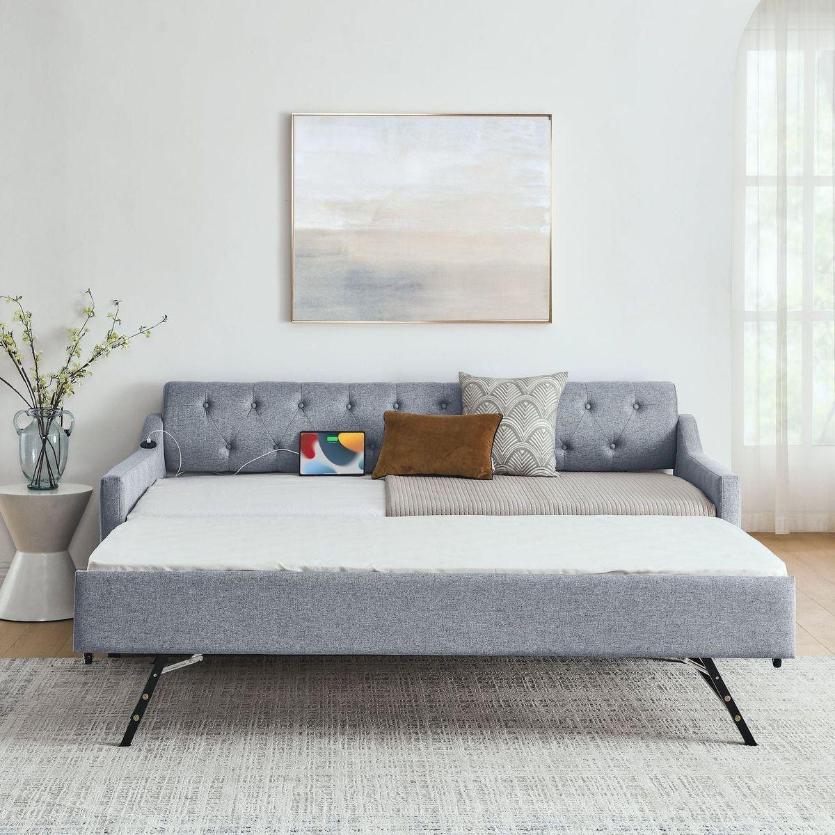 Twin Size Upholstery DayBed with Twin Size Erectable Trundle and USB Charging Design, Linen Grey