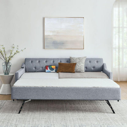 Twin Size Upholstery DayBed with Twin Size Erectable Trundle and USB Charging Design, Linen Grey