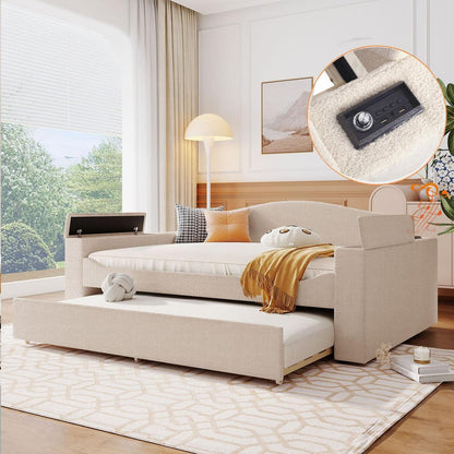 Full Size Upholstered Daybed with Storage Armrests, Trundle and Latest Integrated Bluetooth Audio System, Teddy Fleece, Beige