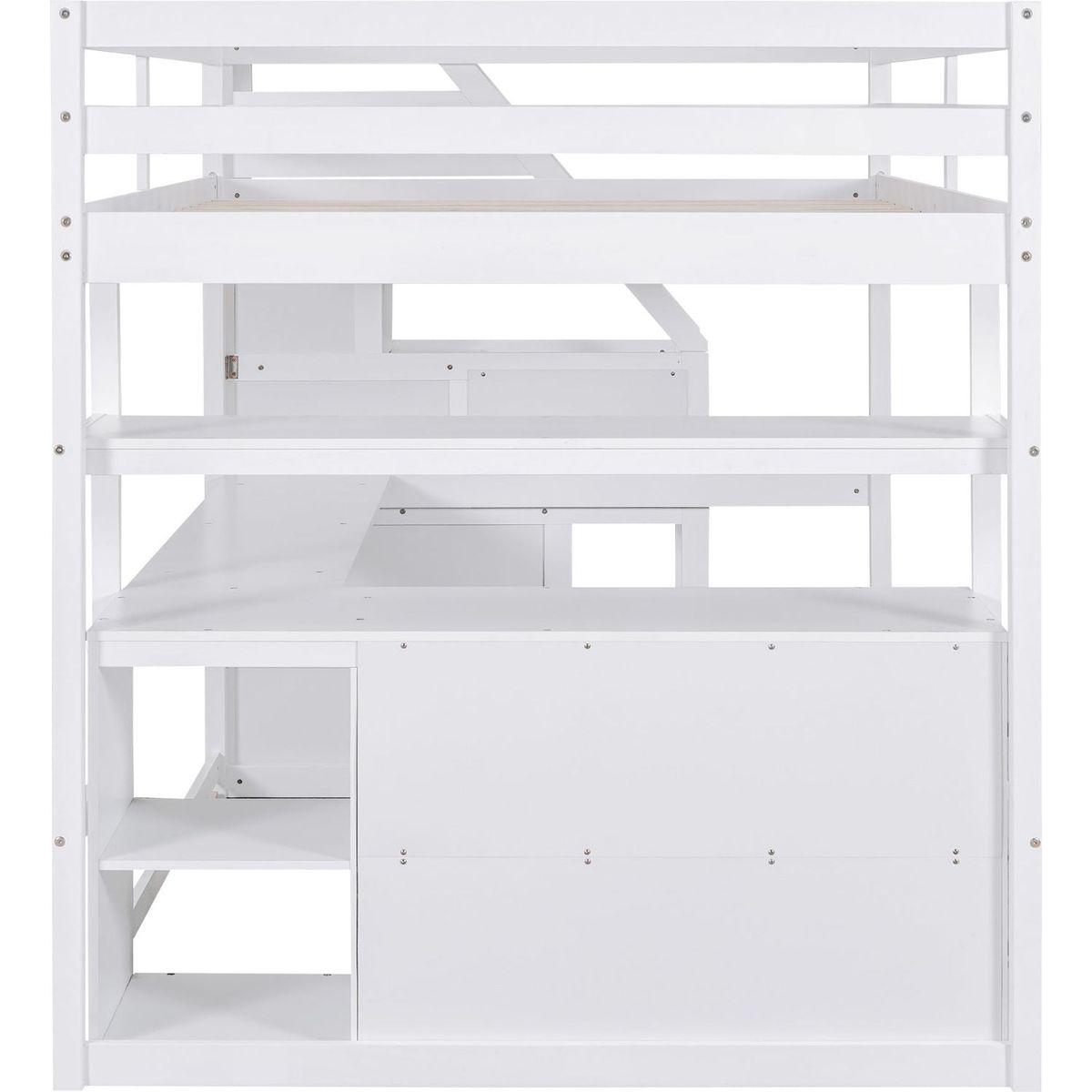Full Size Loft Bed with Desk and Shelves, Two Built-in Drawers, Storage Staircase, White