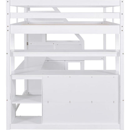 Full Size Loft Bed with Desk and Shelves, Two Built-in Drawers, Storage Staircase, White