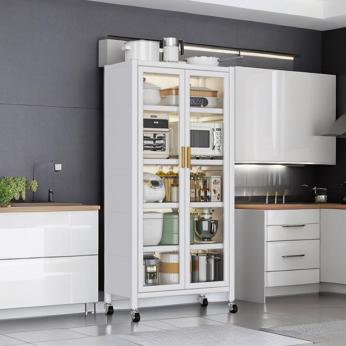 Open-door kitchen shelving Floor-to-ceiling multilevel household microwave storage cabinet bowls side cabinets cabinets Storage cabinets white color - Streamdale Furniture