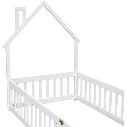 Twin House-Shaped Headboard Floor Bed with Fence,White