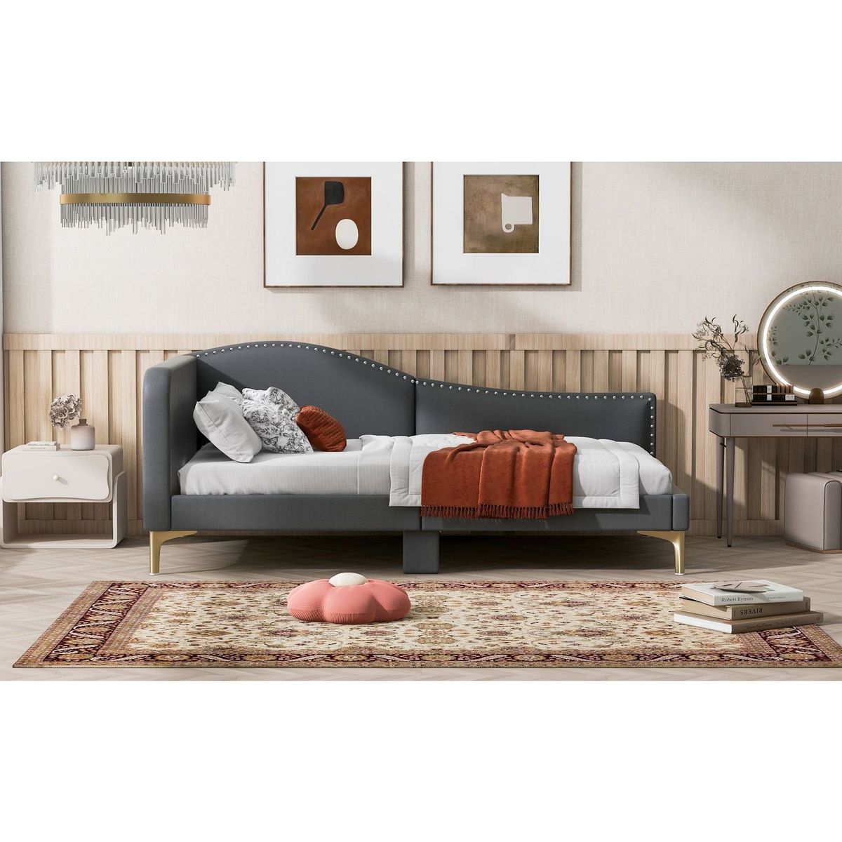 Twin Size Upholstered Daybed with Headboard and Armrest, Support Legs, Grey