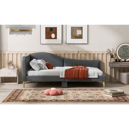 Twin Size Upholstered Daybed with Headboard and Armrest, Support Legs, Grey