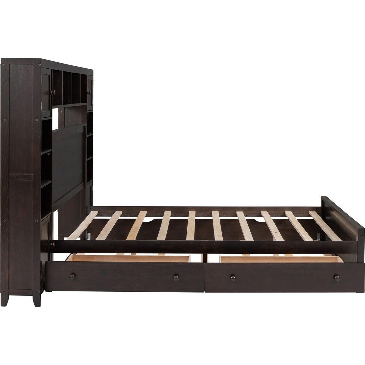 Queen Size Wooden Bed With All-in-One Cabinet, Shelf and Sockets, Espresso