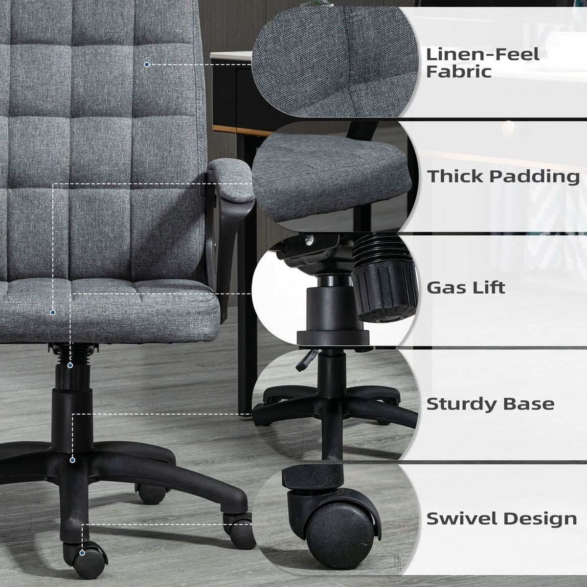 Vinsetto Fabric Office Chair, Computer Desk Chair, Swivel Task Chair with Arms, Adjustable Height, Swivel Wheels, Mid Back, Charcoal Gray