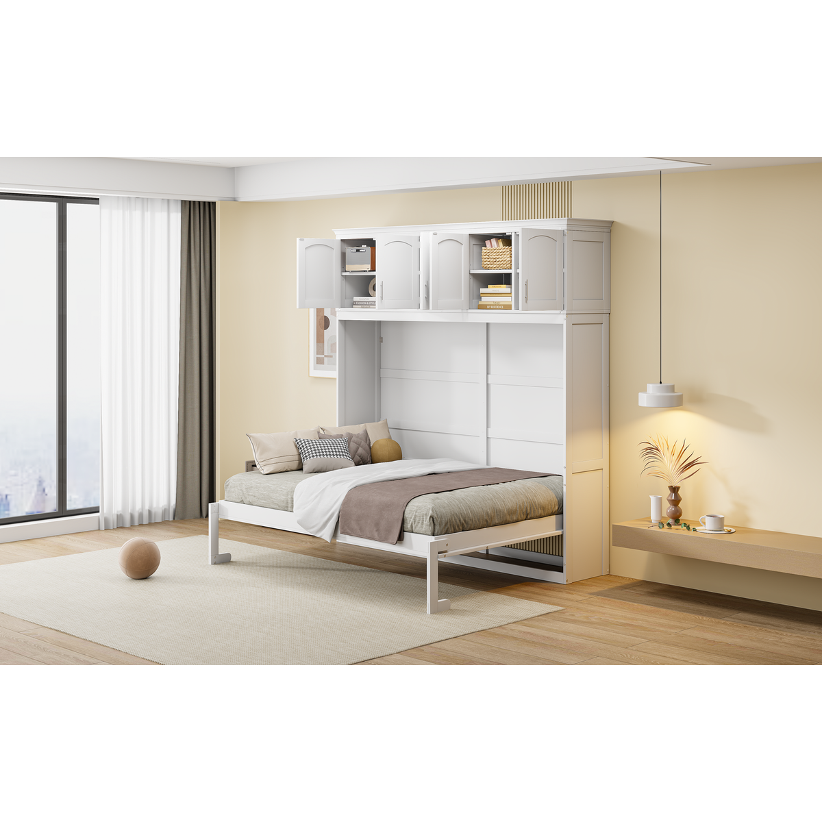 Full Size Murphy Bed Wall Bed with Top Cabinets,White