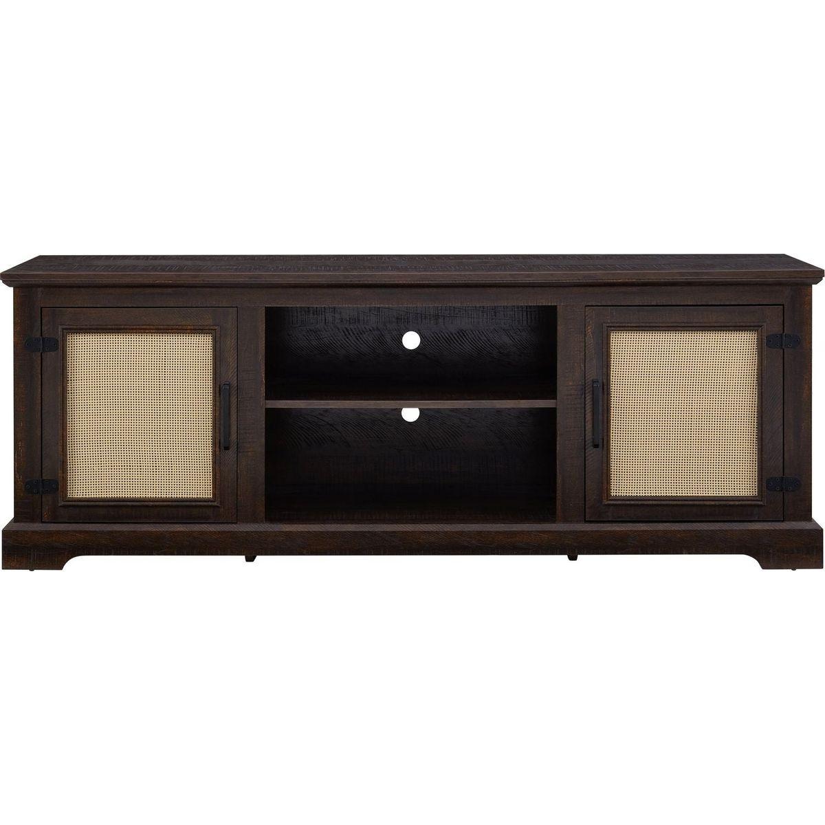 Farmhouse Rattan TV Stand Console Table for TVs up to 70 Inches, TV Console Table with 2 Storage Shelves, 2 Natural Rattan Door Cabinets, 65"Wx15.55"Dx23.86"H, Espresso