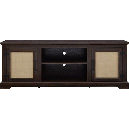 Farmhouse Rattan TV Stand Console Table for TVs up to 70 Inches, TV Console Table with 2 Storage Shelves, 2 Natural Rattan Door Cabinets, 65"Wx15.55"Dx23.86"H, Espresso