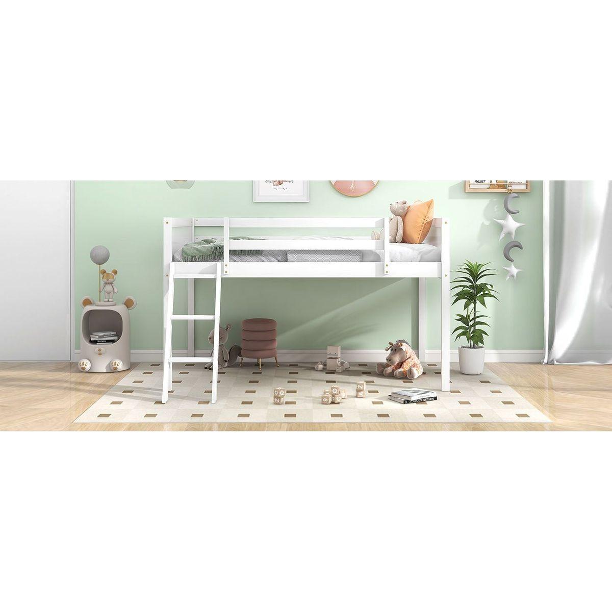 Twin Size Wood Low Loft Bed with Ladder, ladder can be placed on the left or right, White