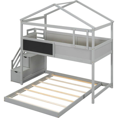 Twin over Full House Bunk Bed with Storage Staircase and Blackboard,Gray