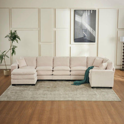 Modern U Shaped 6-seat Sectional Sofa Couch with one Ottoman and three toss pillows, Modular Sofa for Living Room,Corduroy sofa