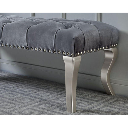 Decor Maxem Tufted Fabric Upholstered Bench Nailhead Trim, Gray