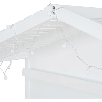 Twin Size House Bed with Shelves, House Bed with Window and Sparkling Light Strip on the Roof, White