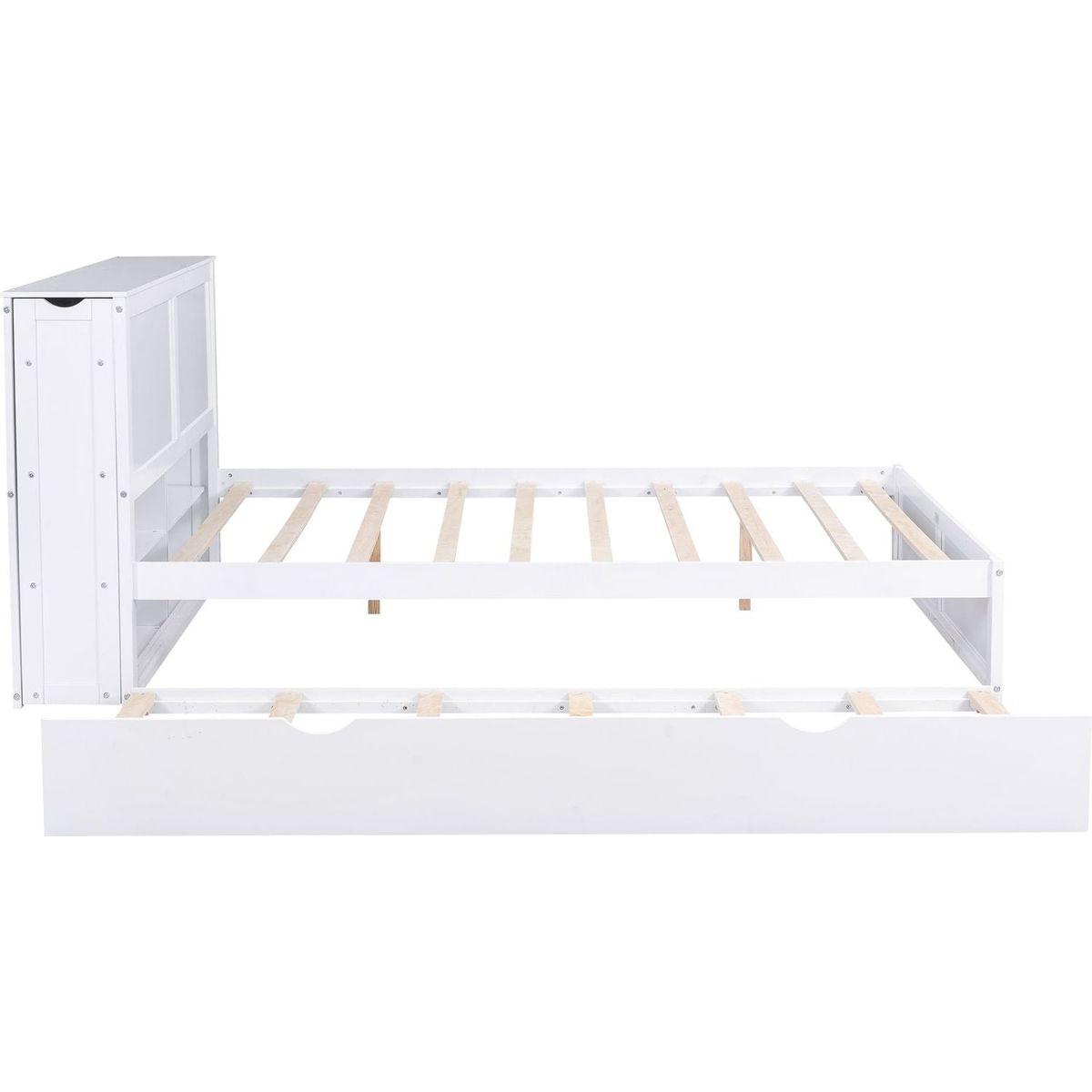 Queen Size Storage Platform Bed with Pull Out Shelves and Twin XL Size Trundle, White