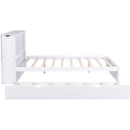 Queen Size Storage Platform Bed with Pull Out Shelves and Twin XL Size Trundle, White