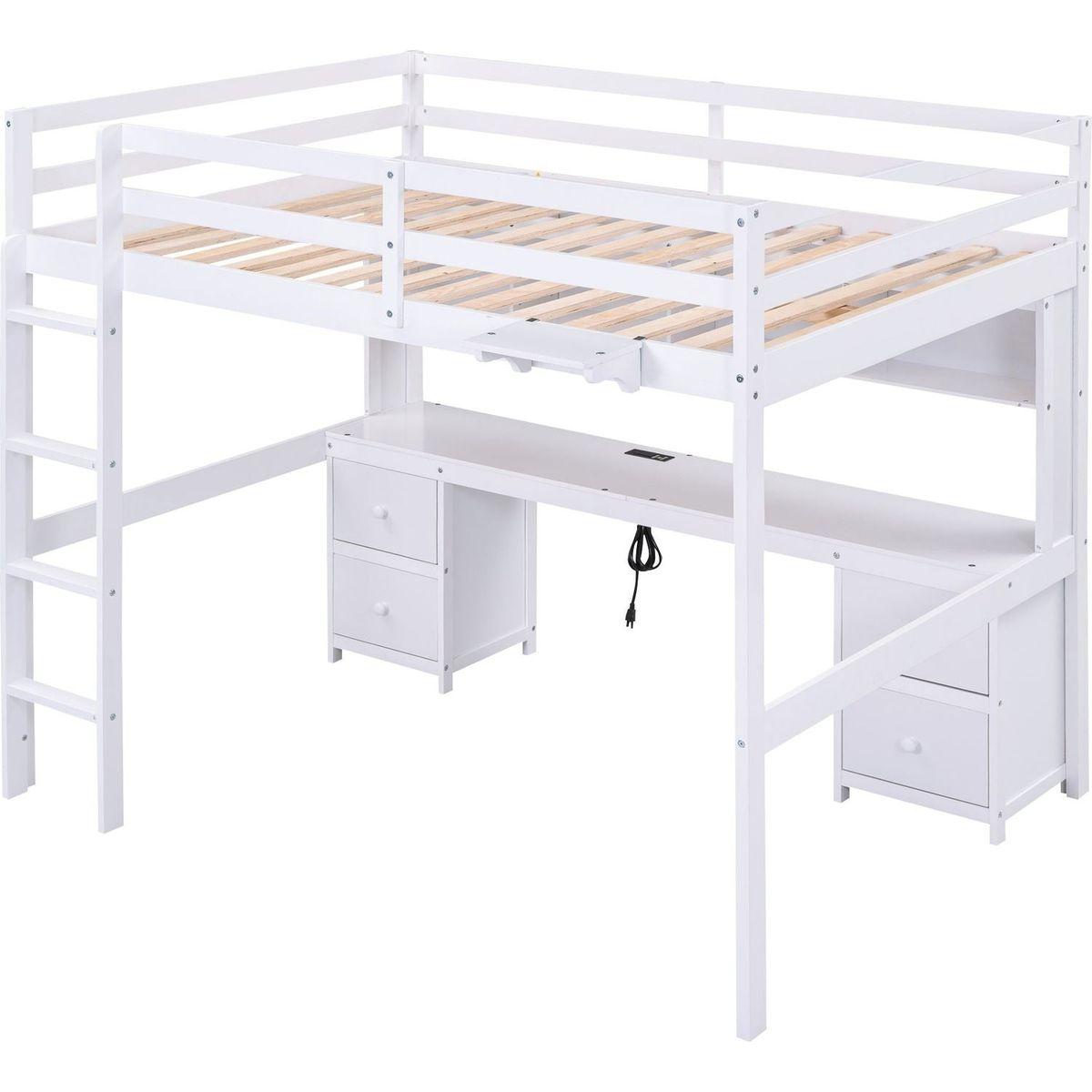 Full Size Loft Bed with Desk, Cabinets, Drawers and Bedside Tray, Charging Station, White