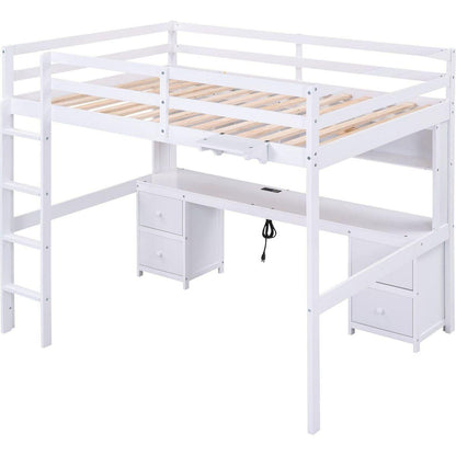 Full Size Loft Bed with Desk, Cabinets, Drawers and Bedside Tray, Charging Station, White