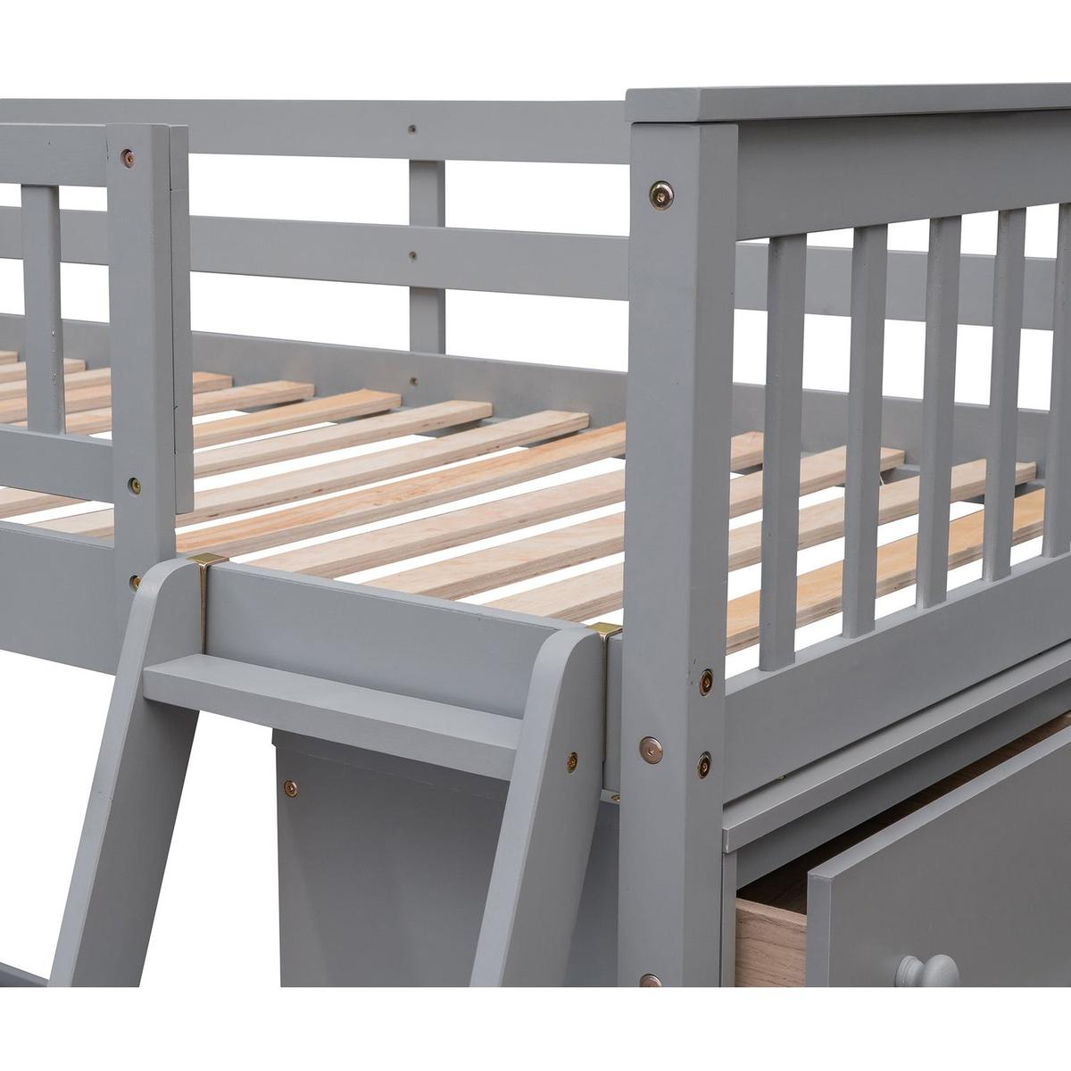 Wooden Twin Over Full Bunk Bed With Six Drawers And Flexible Shelves,Bottom Bed With Wheels,Gray
