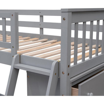 Wooden Twin Over Full Bunk Bed With Six Drawers And Flexible Shelves,Bottom Bed With Wheels,Gray
