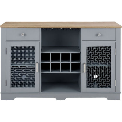 Modern Farmhouse Buffet Cabinet, Sideboard with 2 Drawers and Elegant Glass Door Cabinets, Wine and Glass Rack, Coffee Bar for Kitchen, Dining Room, Light Blue and Light Oak, 56.46"Wx15.55"Dx35.74"H