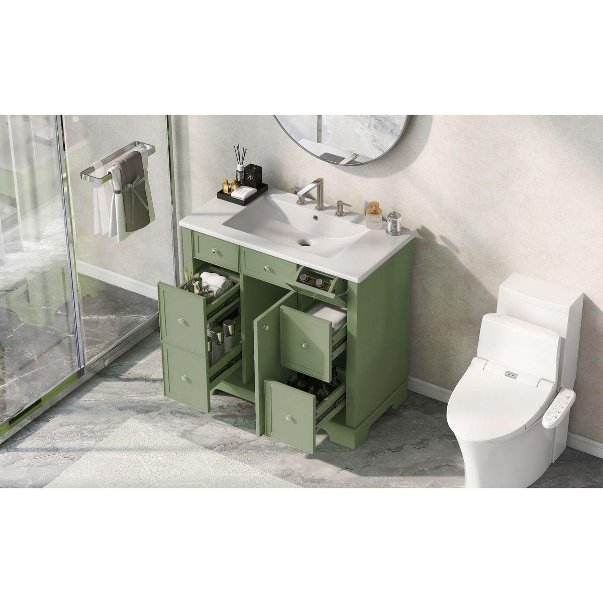 36" Bathroom Vanity with Sink, One Cabinet with Three drawers and One Flip Drawer, Solid Wood and MDF Board, Green