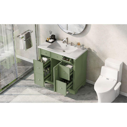 36" Bathroom Vanity with Sink, One Cabinet with Three drawers and One Flip Drawer, Solid Wood and MDF Board, Green