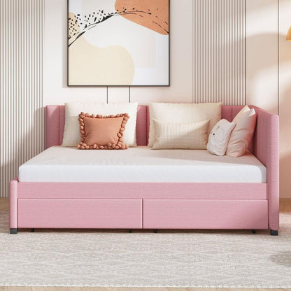 Full Size Upholstered Daybed with 2 Storage Drawers Sofa Bed Frame No Box Spring Needed, Linen Fabric (Pink)