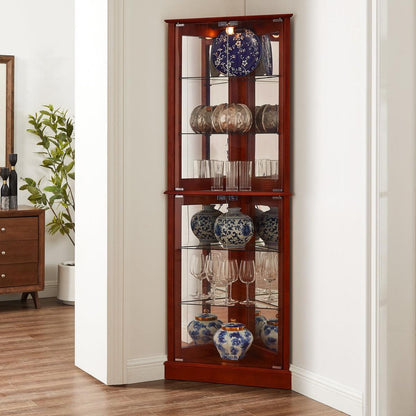 Corner Curio Dispaly Cabinet with Lights, Adjustable Tempered Glass Shelves, Mirrored Back,Cherry