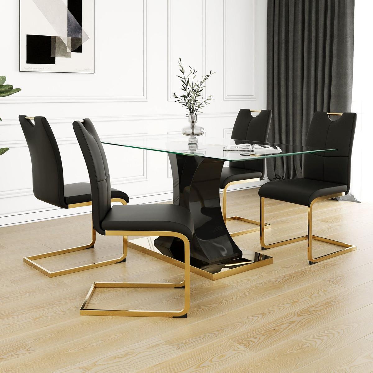 Modern style glass dining table, elegant transparent design, solid support base, black dining chair set, gold-plated chair legs, suitable for restaurant kitchen use (set of 5)