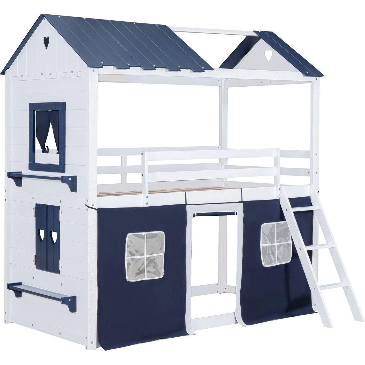 Twin Size Bunk Wood House Bed with Elegant Windows, Sills and Tent, Blue+White